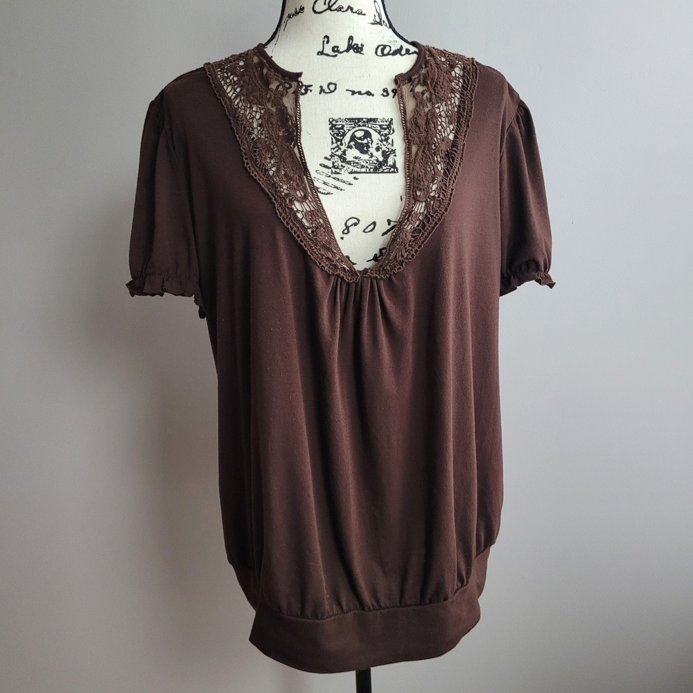 Vintage Y2K ruby rox 2X brown‎ peasant blouse puff sleeve fairy grunge cottage